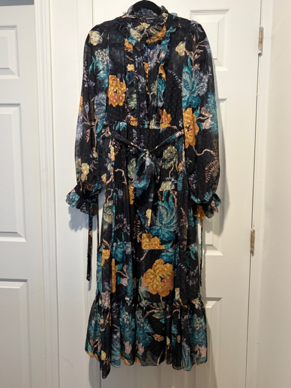 Black Floral Long-Sleeve Midi Dress with Tie Waist